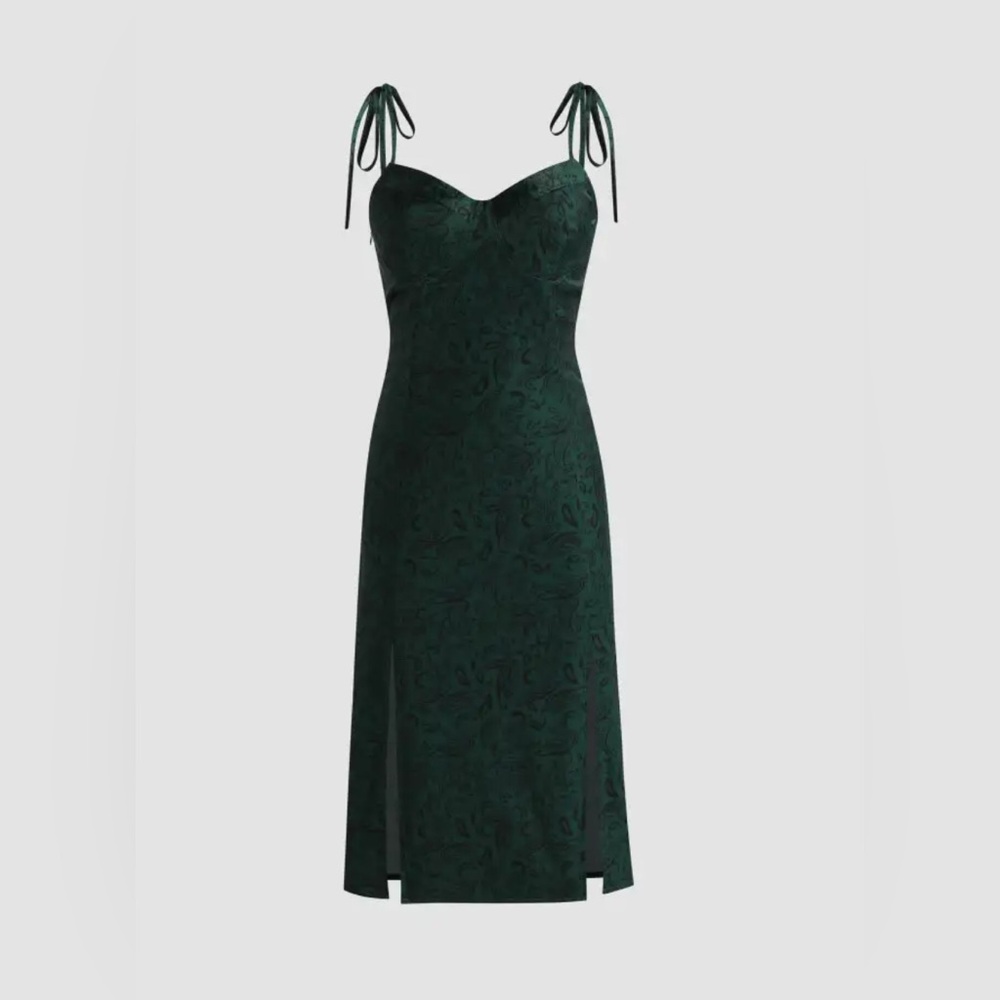 Cider Dark Green Jacquard Midi Dress with Tie Straps